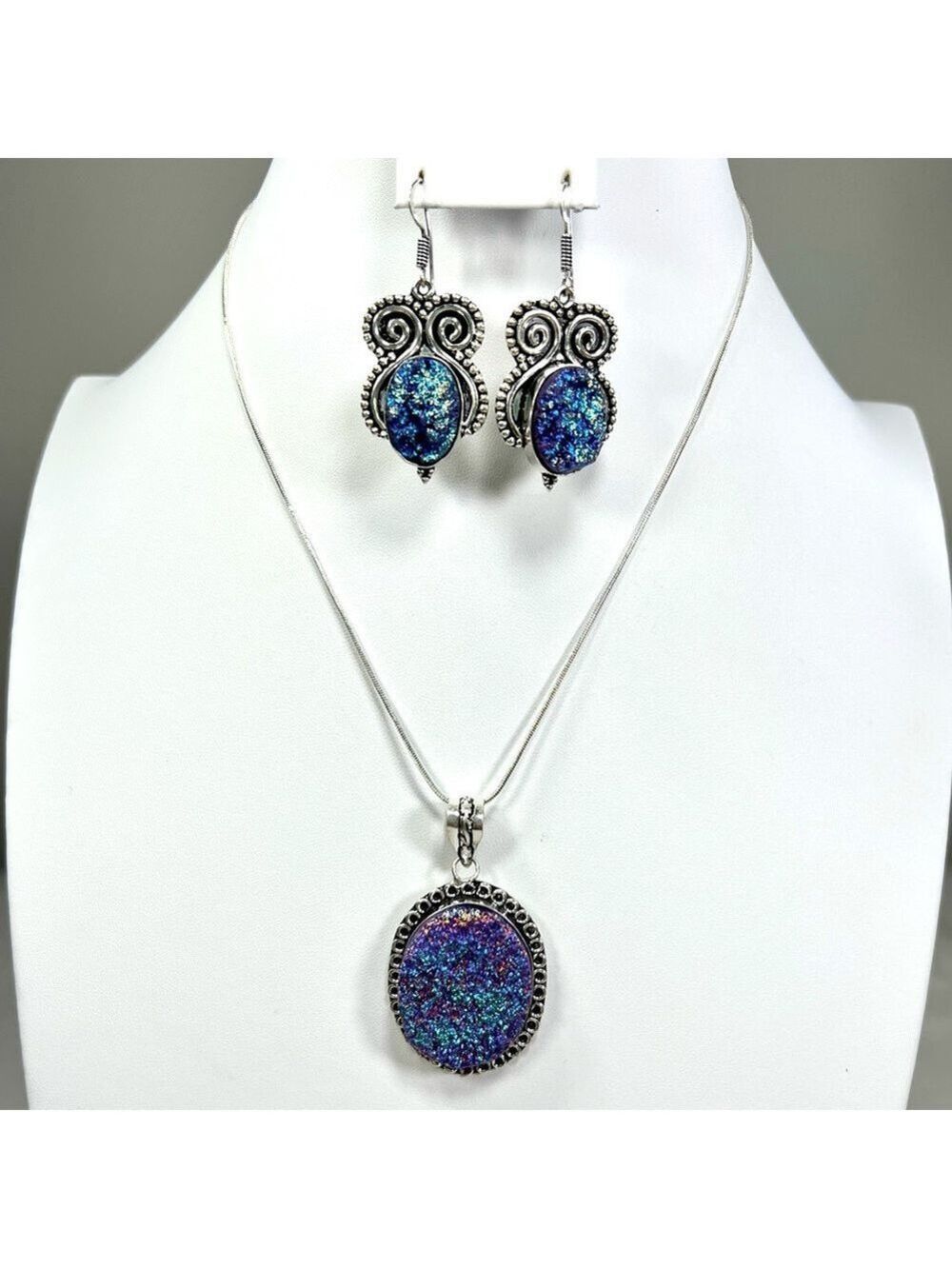 Titanium Druzy 925 Pendant & Earrings Set